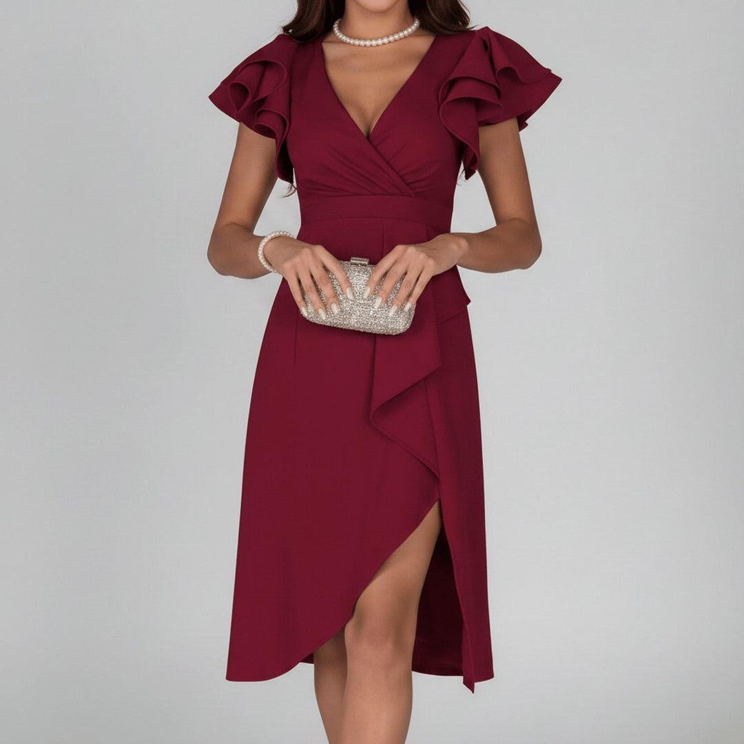 Clara | Elegant mother-of-the-bride dress with ruffled sleeves, wrap style 9