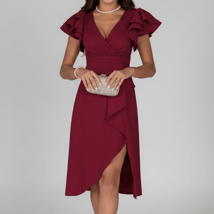 Clara | Elegant mother-of-the-bride dress with ruffled sleeves, wrap style 9