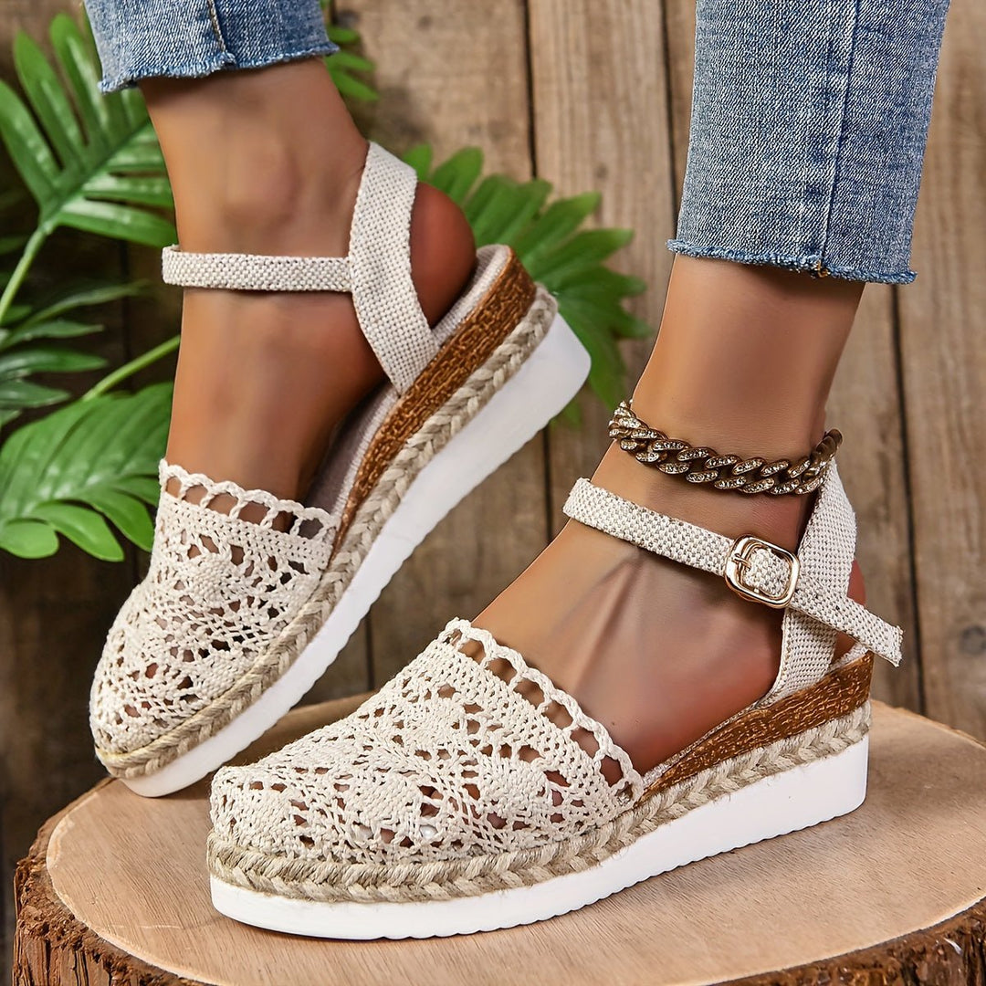 Clara | Women's Comfortable Sandals Crochet Look Wedge Heel Ankle Strap 0