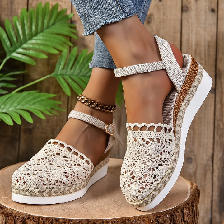 Clara | Women's Comfortable Sandals Crochet Look Wedge Heel Ankle Strap 1