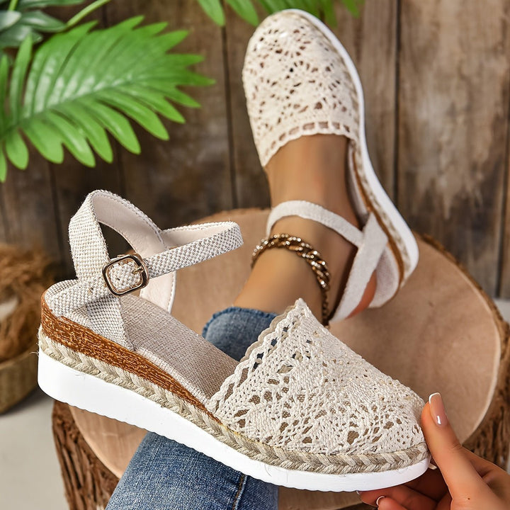 Clara | Women's Comfortable Sandals Crochet Look Wedge Heel Ankle Strap 4