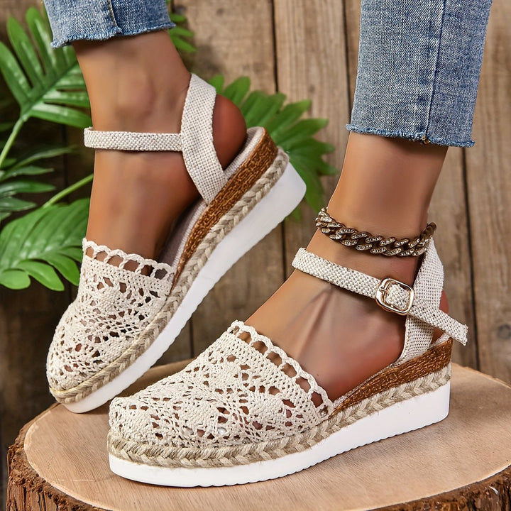 Clara | Women's Comfortable Sandals Crochet Look Wedge Heel Ankle Strap 5