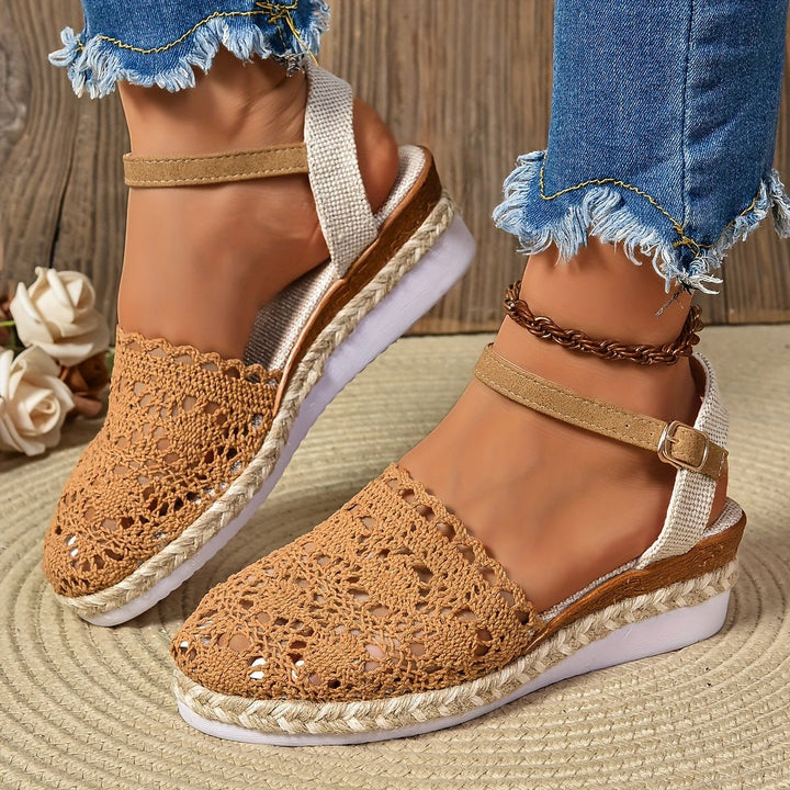 Clara | Women's Comfortable Sandals Crochet Look Wedge Heel Ankle Strap 7