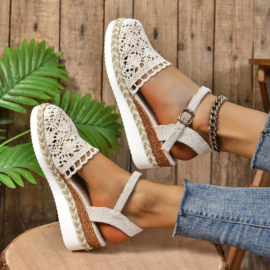 Clara | Women's Comfortable Sandals Crochet Look Wedge Heel Ankle Strap 8