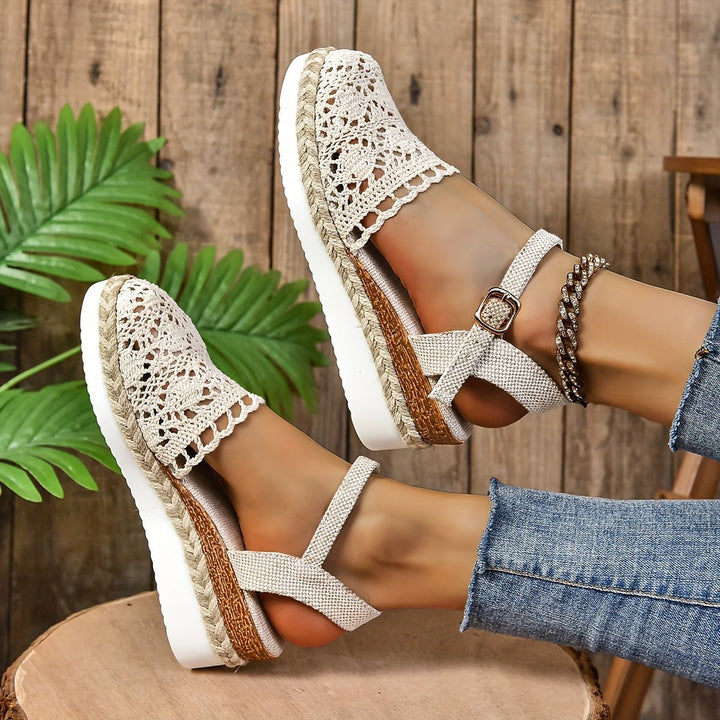 Clara | Women's Comfortable Sandals Crochet Look Wedge Heel Ankle Strap 8