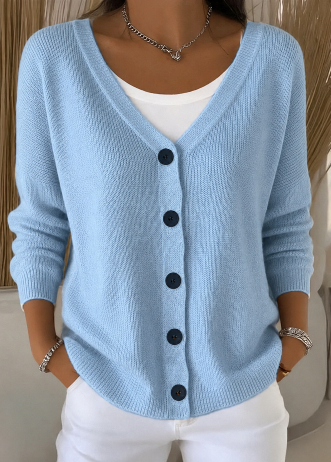 Women's Long Sleeve V-Neck Button-Front Knit Sweater Lightweight Cardigan