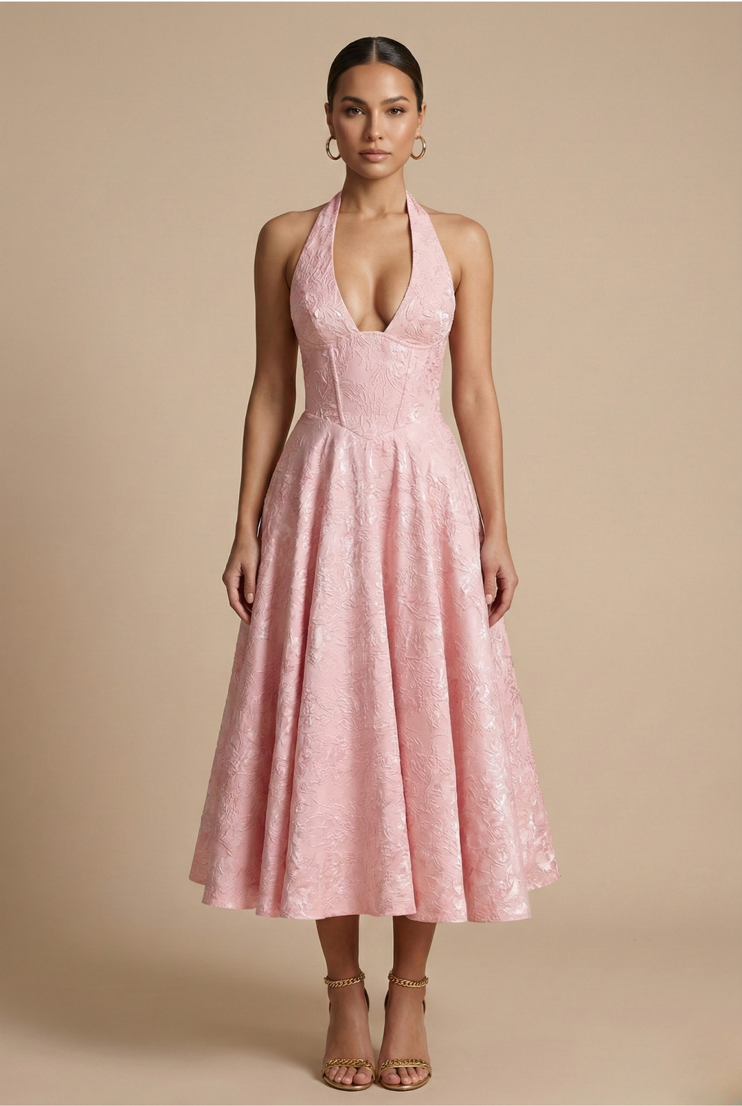 Elegant A-Line Midi Dress with Halter Neck and Corset Bodice for Summer Events 0