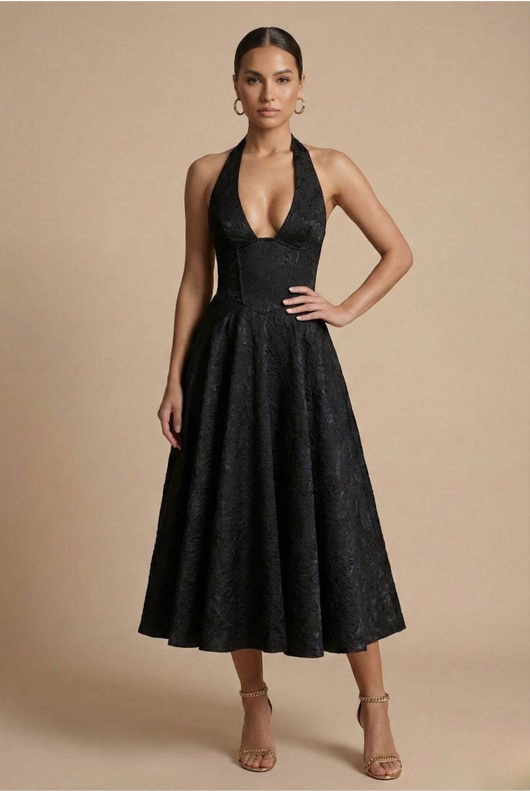 Elegant A-Line Midi Dress with Halter Neck and Corset Bodice for Summer Events 3