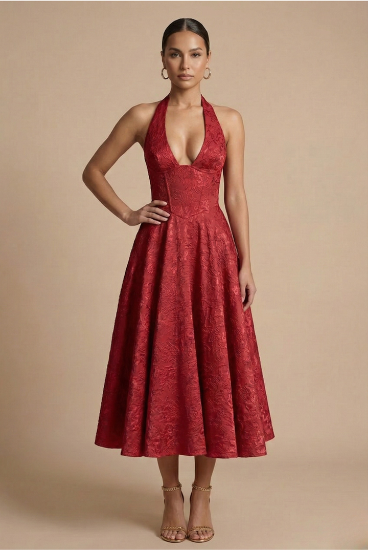 Elegant A-Line Midi Dress with Halter Neck and Corset Bodice for Summer Events 4