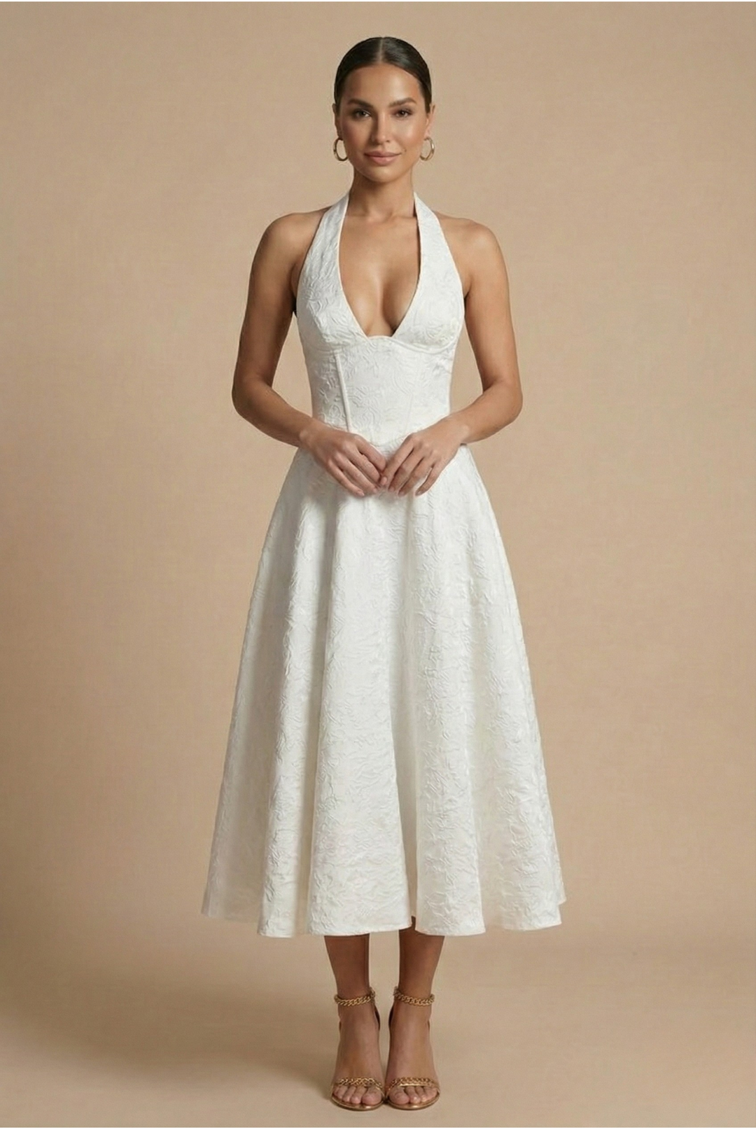 Elegant A-Line Midi Dress with Halter Neck and Corset Bodice for Summer Events 5