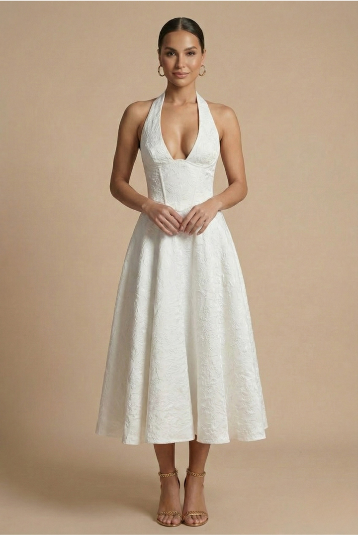 Elegant A-Line Midi Dress with Halter Neck and Corset Bodice for Summer Events 5