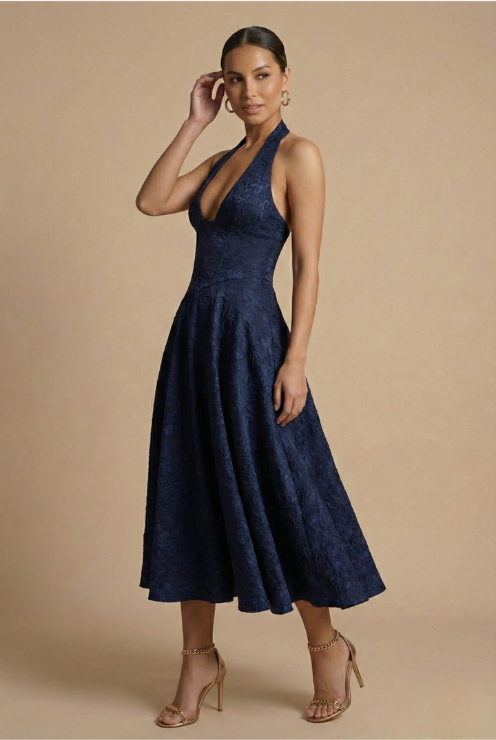 Elegant A-Line Midi Dress with Halter Neck and Corset Bodice for Summer Events 6