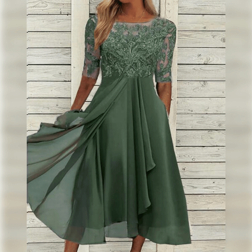 Elegant Evening Dress with Lace Details and 3/4 Sleeves | Formal Gowns for Women 1