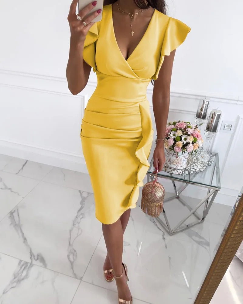 Elegant Fitted Bodycon Dress with Ruffle Hem and Butterfly Sleeves for Spring and Summer 4
