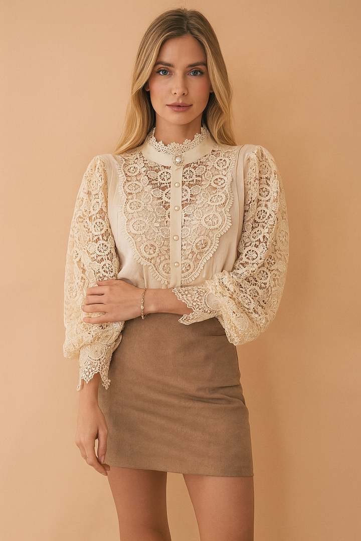 Elegant Floral Lace Womens Blouse - Chic Puff Sleeve Top for Summer 0