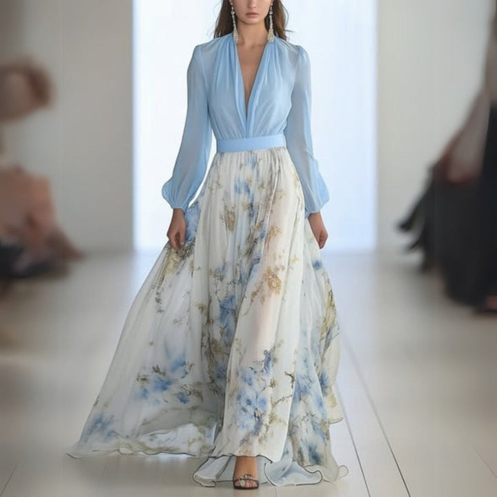 Elegant Floral Maxi Dress for Women - V-Neck & Defined Waist 0