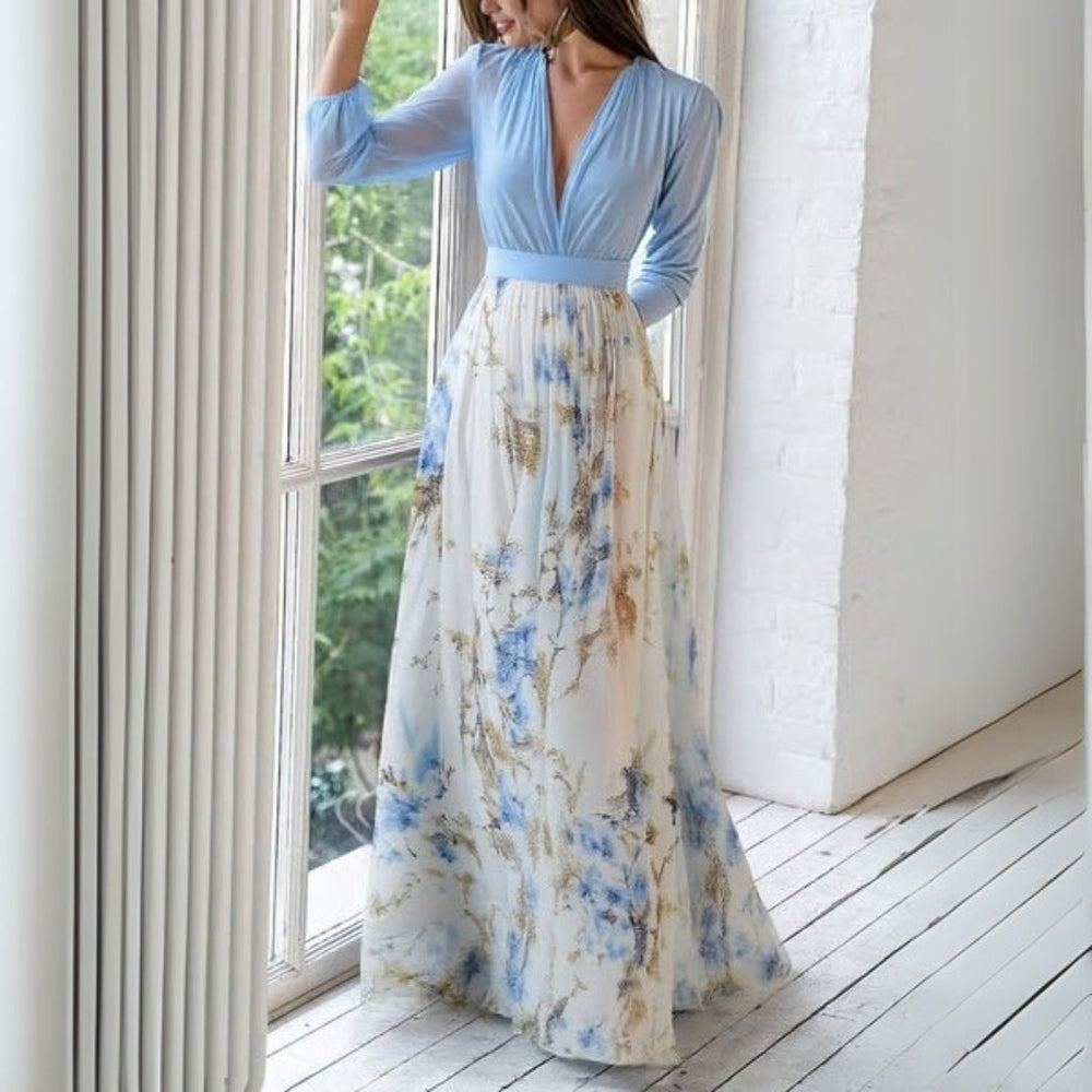Elegant Floral Maxi Dress for Women - V-Neck & Defined Waist 1