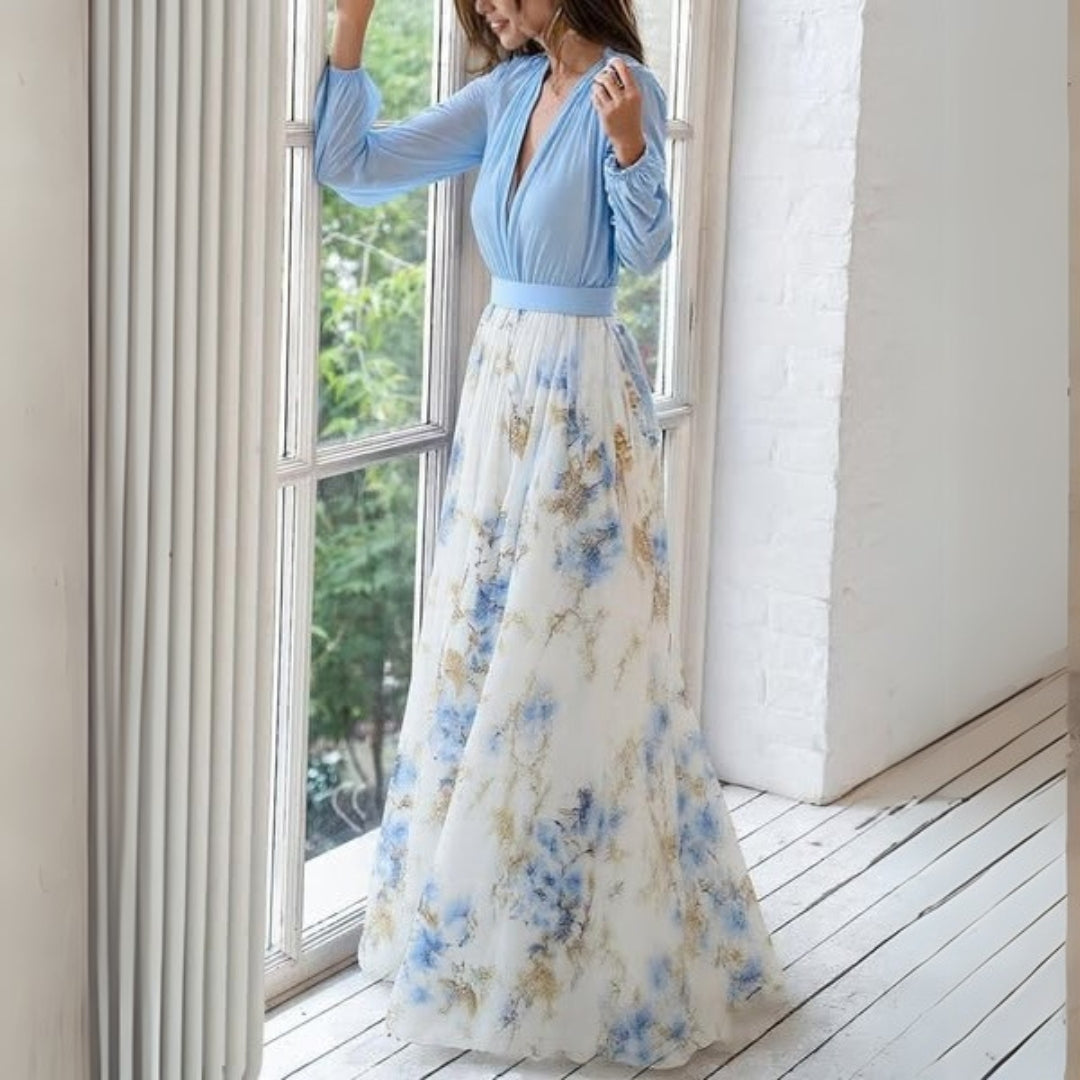 Elegant Floral Maxi Dress for Women - V-Neck & Defined Waist 2