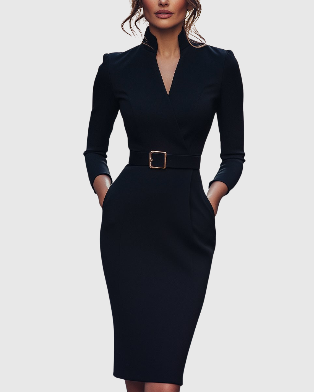Elegant Midi Dress with Mock Wrap Neckline and Structured Belt for Women 0