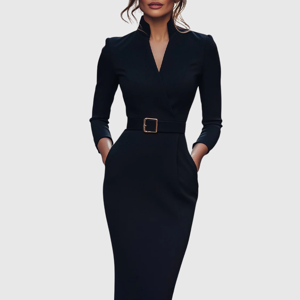 Elegant Midi Dress with Mock Wrap Neckline and Structured Belt for Women 1