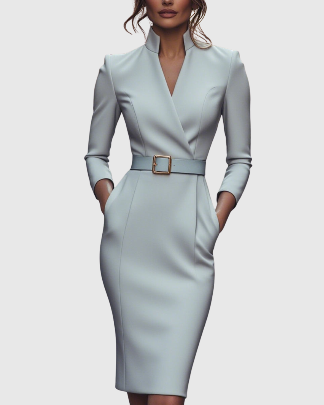 Elegant Midi Dress with Mock Wrap Neckline and Structured Belt for Women 10