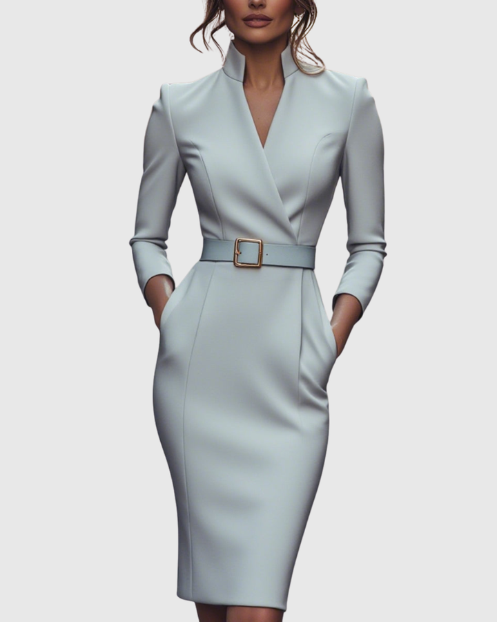 Elegant Midi Dress with Mock Wrap Neckline and Structured Belt for Women 10
