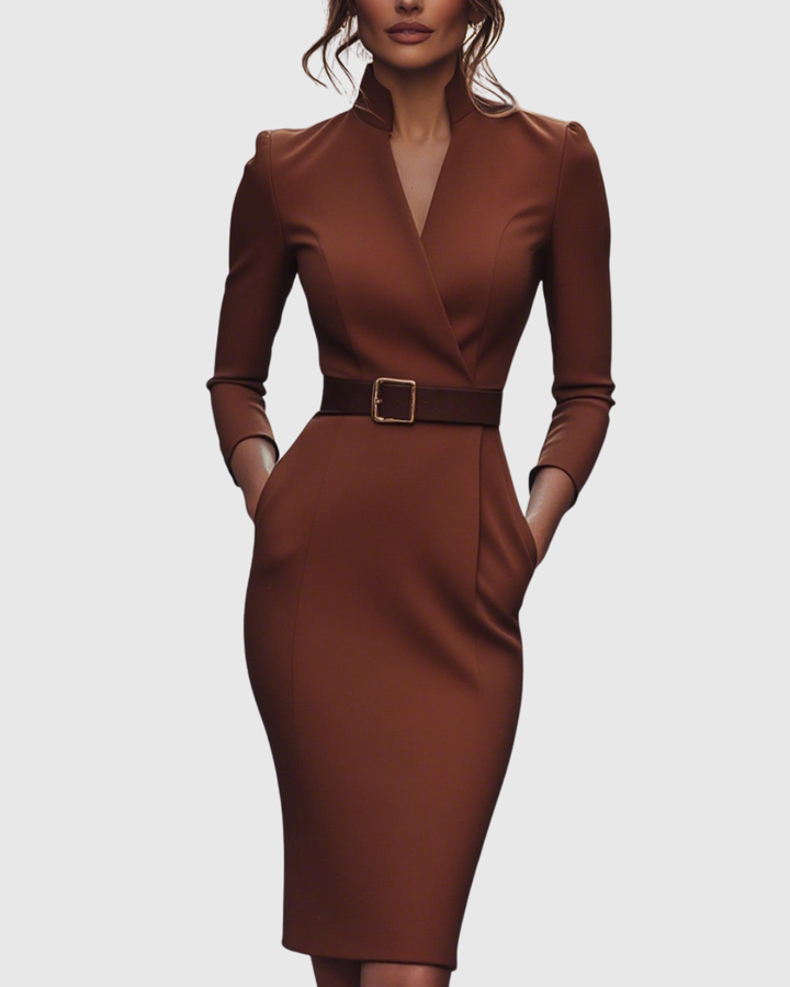Elegant Midi Dress with Mock Wrap Neckline and Structured Belt for Women 11