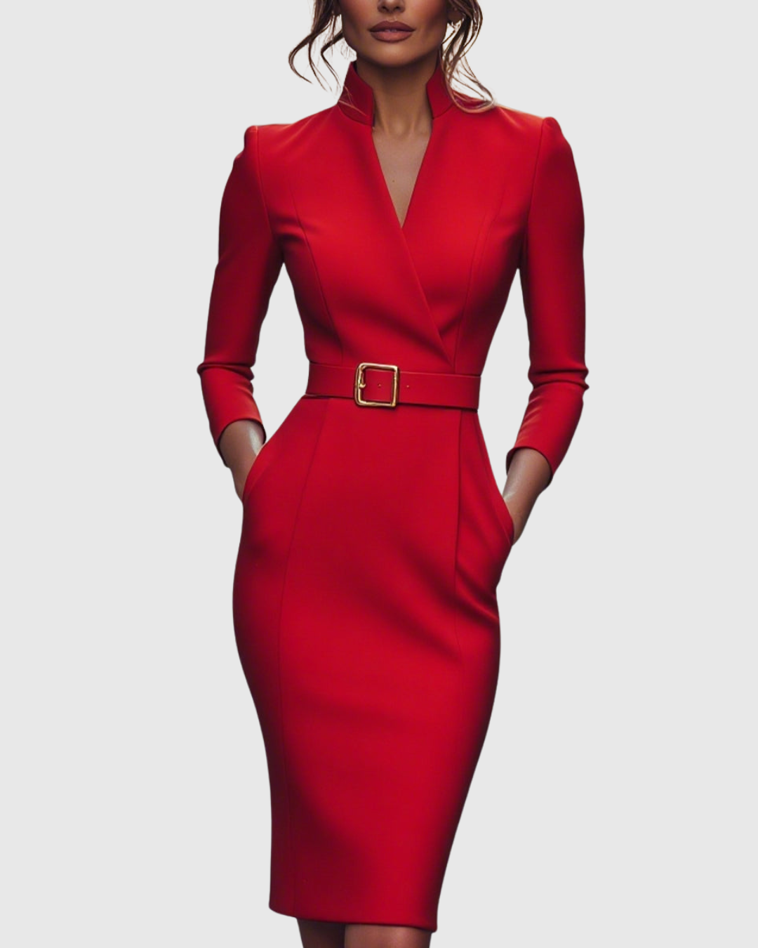 Elegant Midi Dress with Mock Wrap Neckline and Structured Belt for Women 12