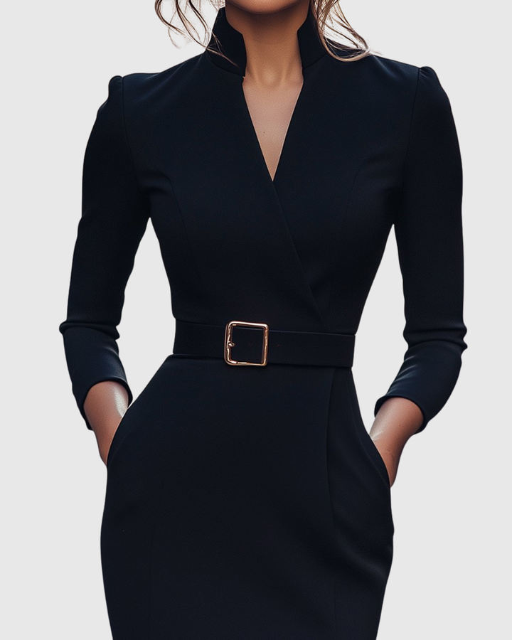 Elegant Midi Dress with Mock Wrap Neckline and Structured Belt for Women 2