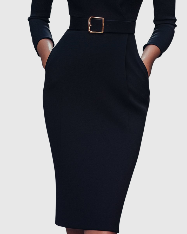 Elegant Midi Dress with Mock Wrap Neckline and Structured Belt for Women 3