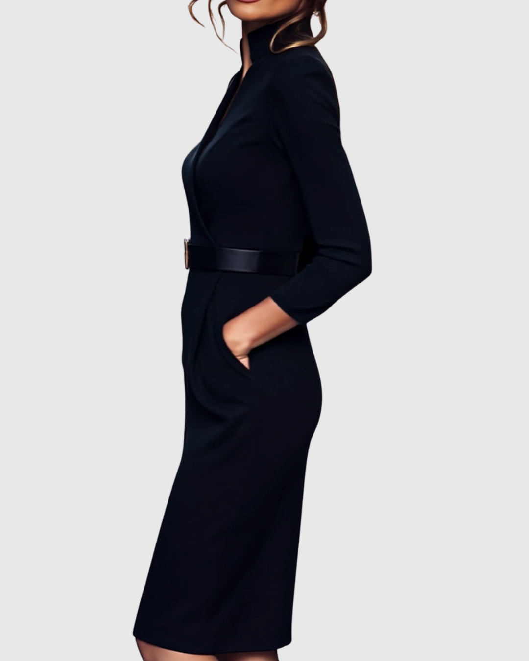 Elegant Midi Dress with Mock Wrap Neckline and Structured Belt for Women 4