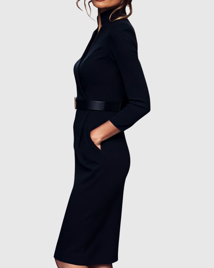 Elegant Midi Dress with Mock Wrap Neckline and Structured Belt for Women 4