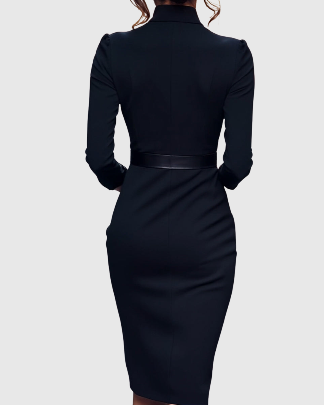 Elegant Midi Dress with Mock Wrap Neckline and Structured Belt for Women 5