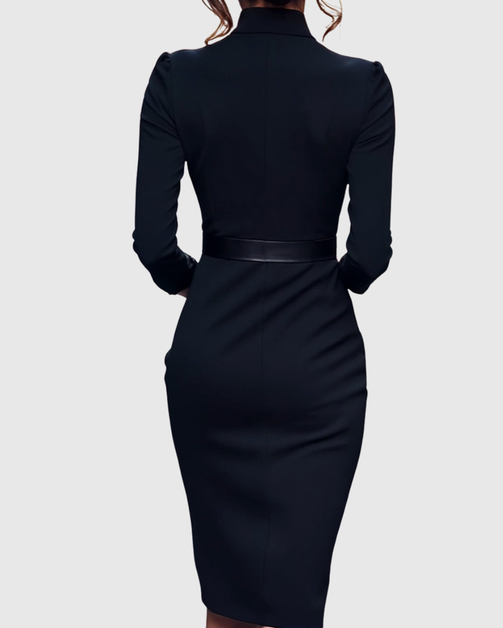 Elegant Midi Dress with Mock Wrap Neckline and Structured Belt for Women 5