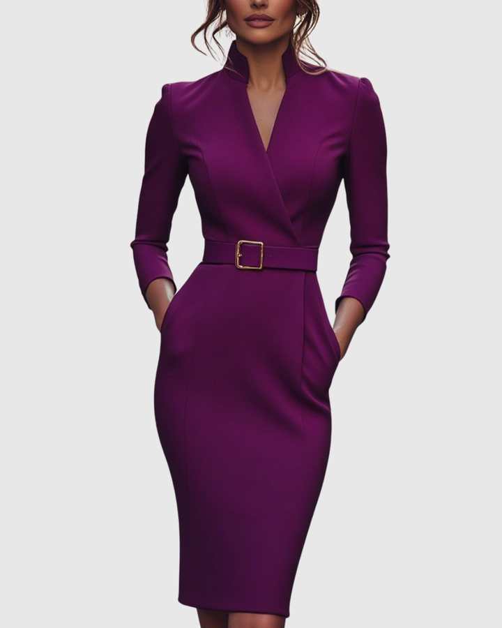 Elegant Midi Dress with Mock Wrap Neckline and Structured Belt for Women 6