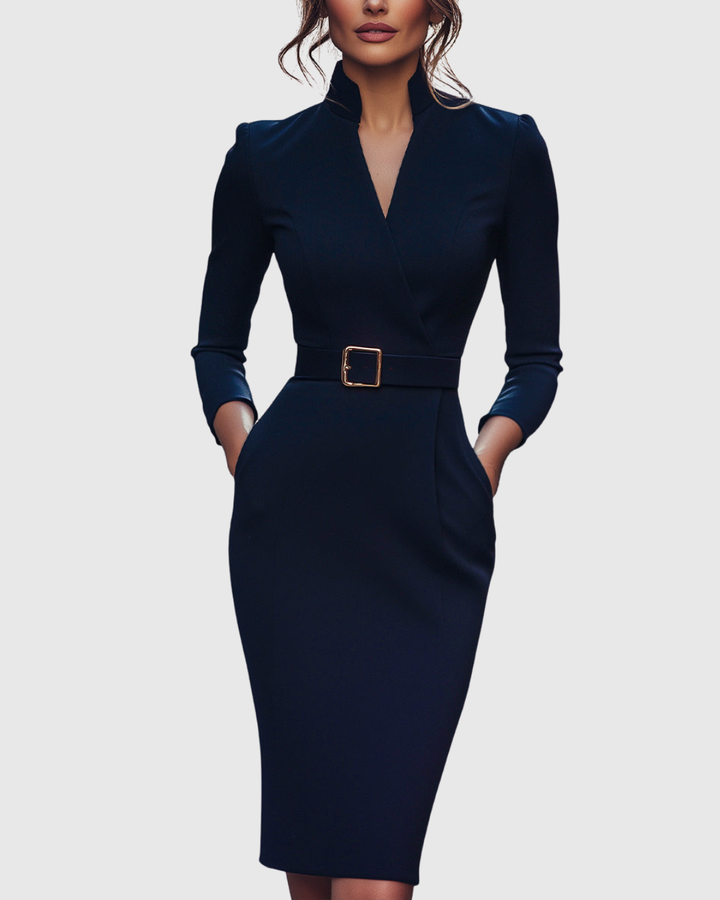 Elegant Midi Dress with Mock Wrap Neckline and Structured Belt for Women 7