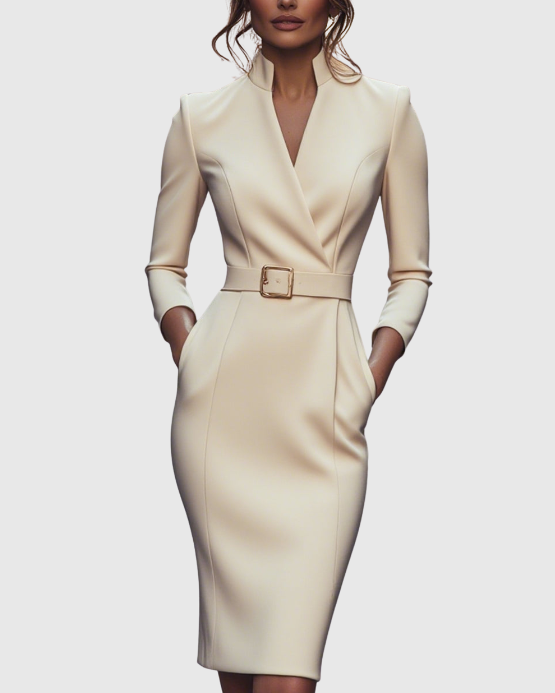 Elegant Midi Dress with Mock Wrap Neckline and Structured Belt for Women 9