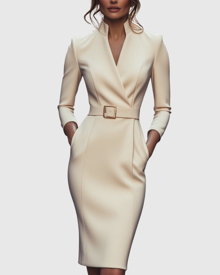 Elegant Midi Dress with Mock Wrap Neckline and Structured Belt for Women 9