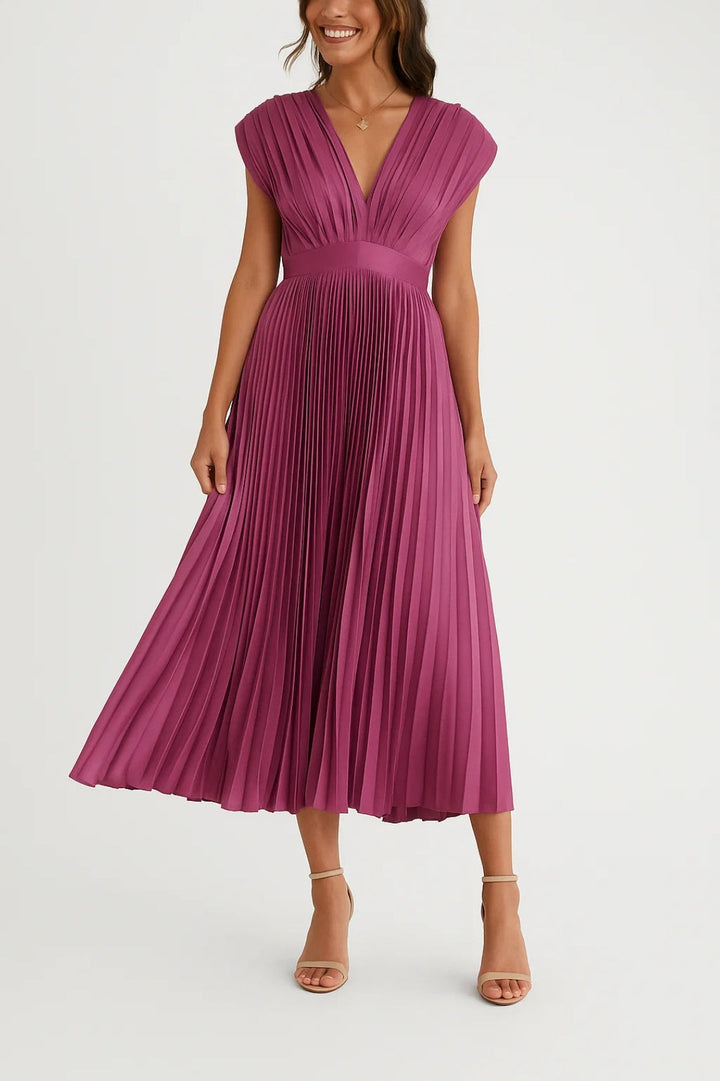 Elegant V-Neck Midi Dress with Pleated Design for Women 0