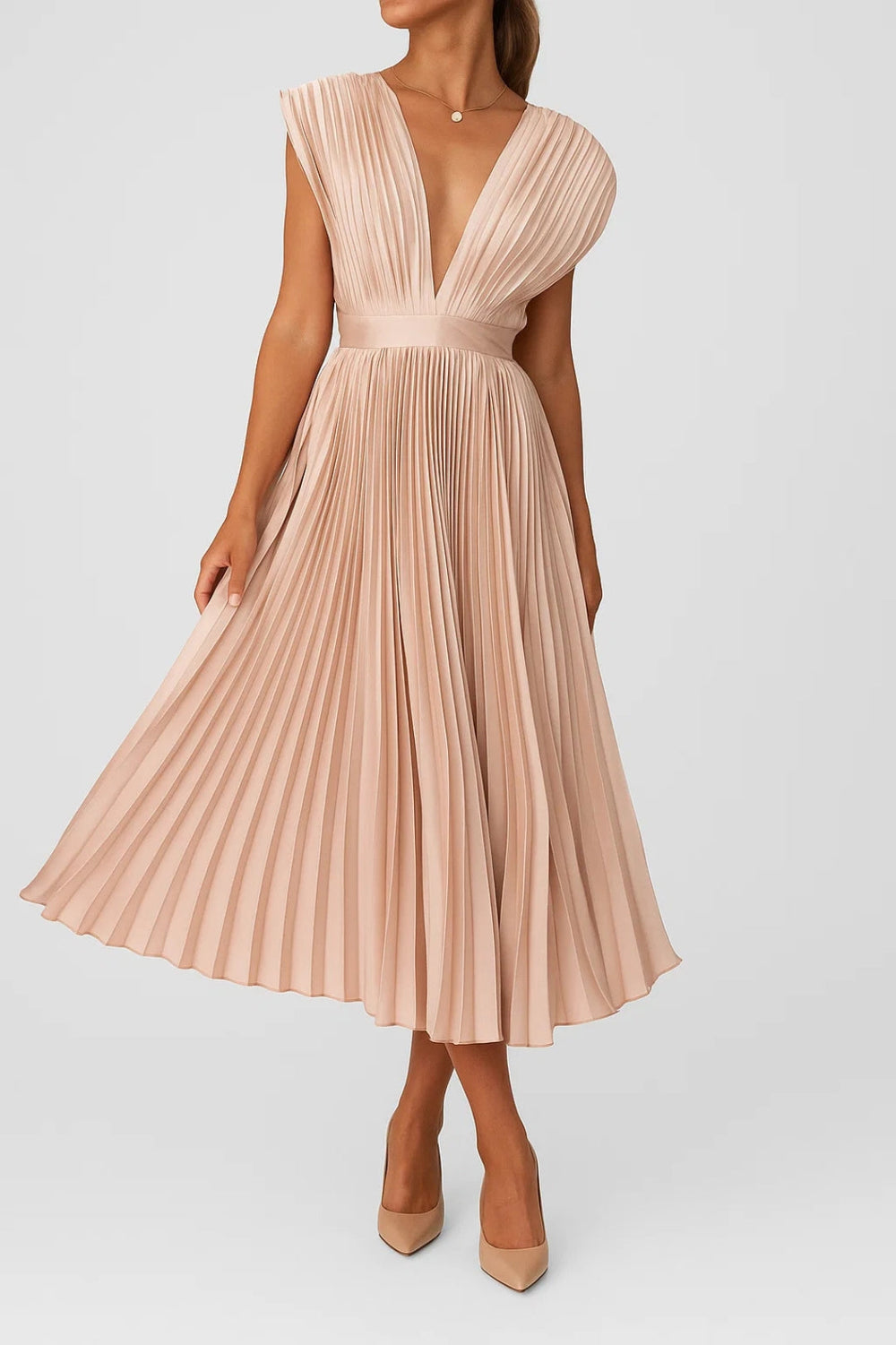 Elegant V-Neck Midi Dress with Pleated Design for Women 1