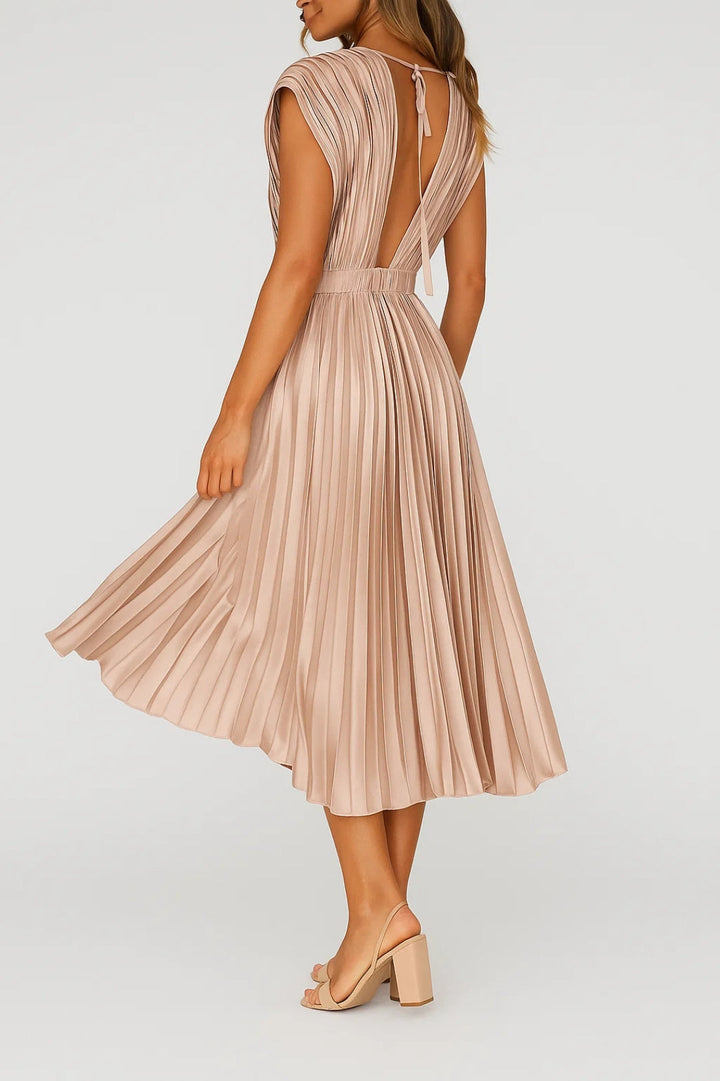 Elegant V-Neck Midi Dress with Pleated Design for Women 2
