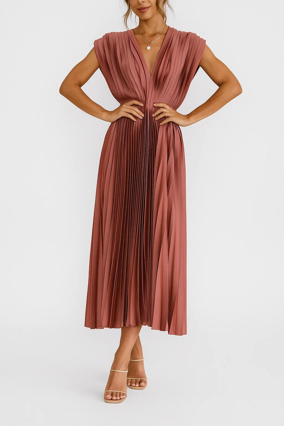 Elegant V-Neck Midi Dress with Pleated Design for Women 3