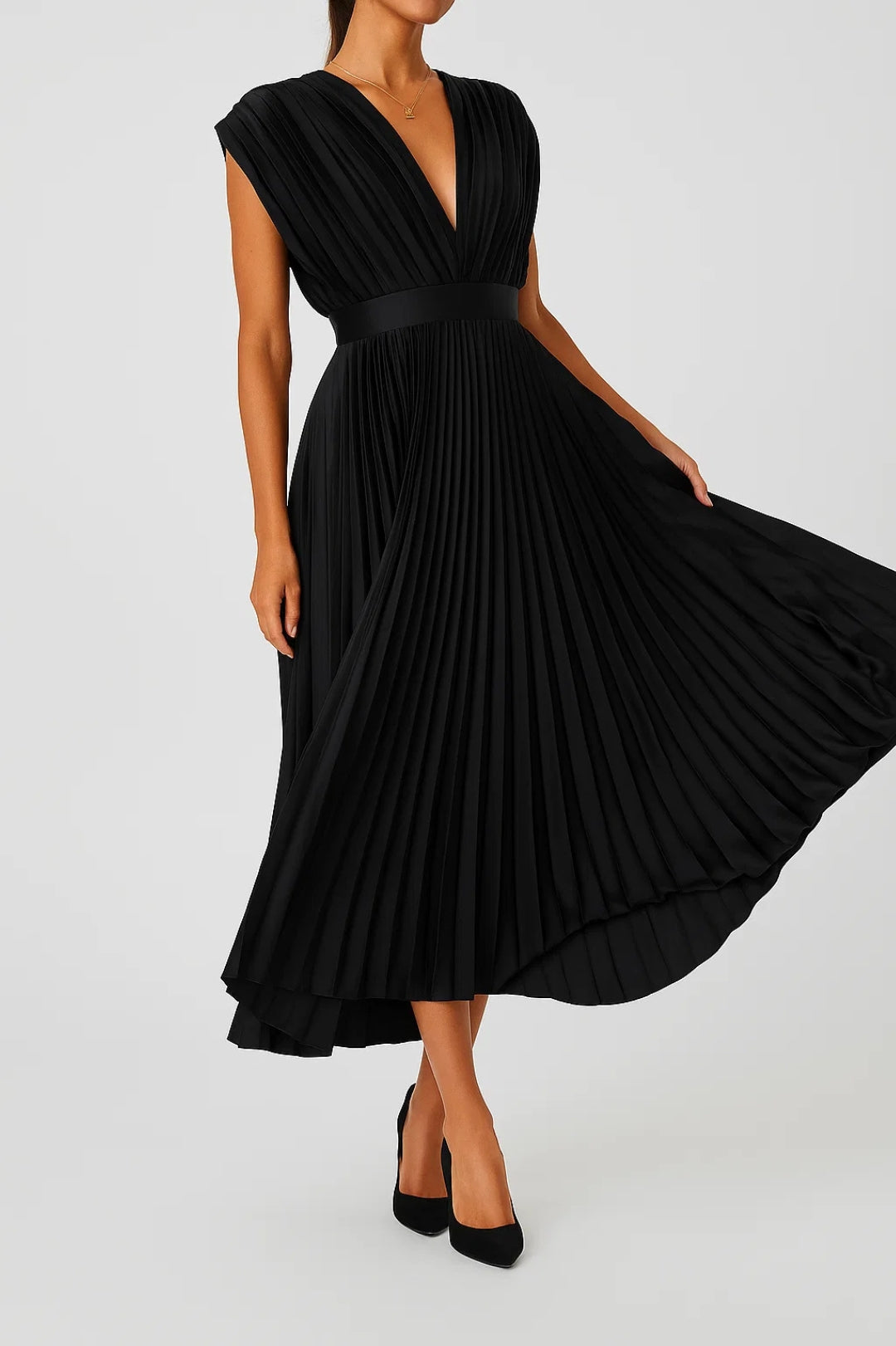 Elegant V-Neck Midi Dress with Pleated Design for Women 4