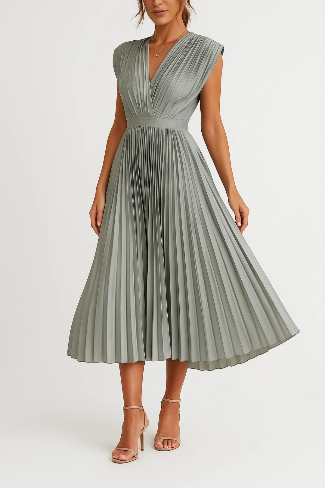 Elegant V-Neck Midi Dress with Pleated Design for Women 5