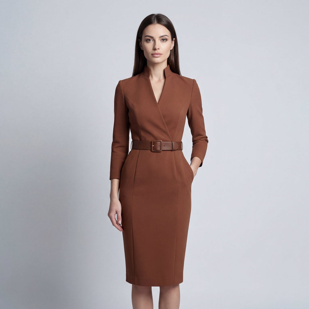 Elegant V-Neck Midi Sheath Dress with Belt for Women 0