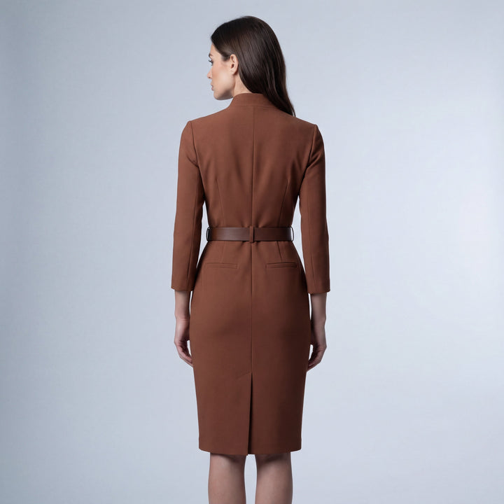 Elegant V-Neck Midi Sheath Dress with Belt for Women 1