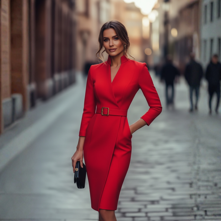 Elegant V-Neck Midi Sheath Dress with Belt for Women 7