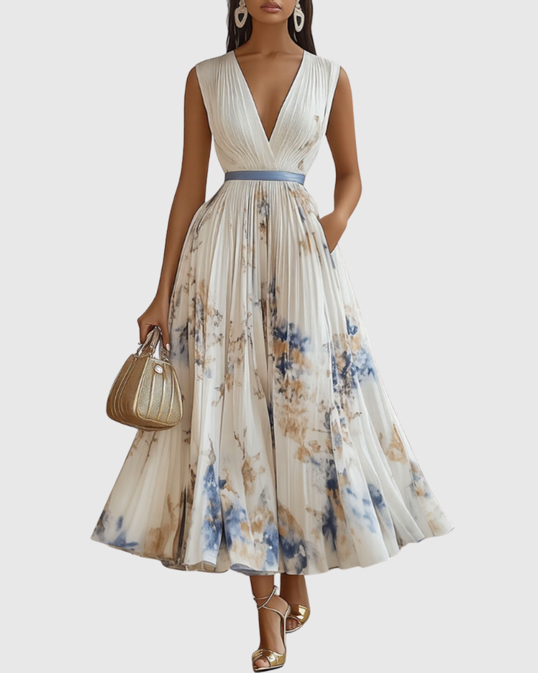 Elegant Women's Maxi Dress - Flattering V-Neck, Pleated Design for Summer & Formal Events 0