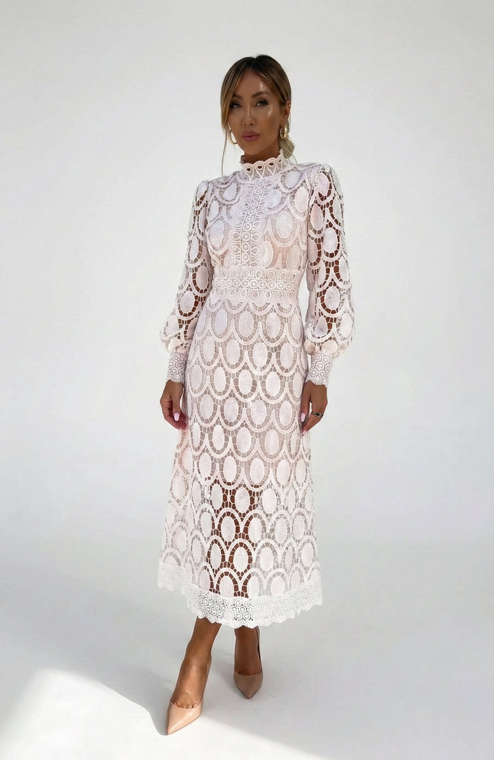 Elegant Women's Midi Dress with High Collar and Defined Waist 0