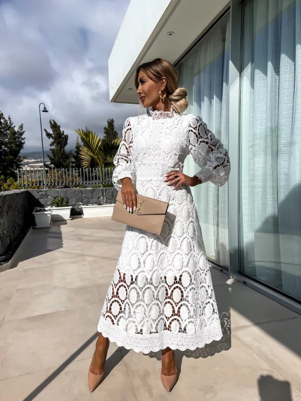Elegant Women's Midi Dress with High Collar and Defined Waist 2